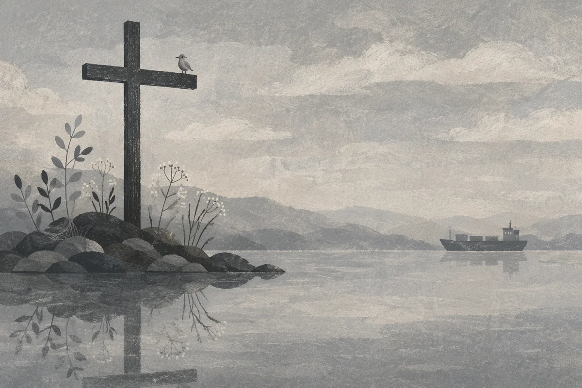 Cross Reflected on Still Coastal Water