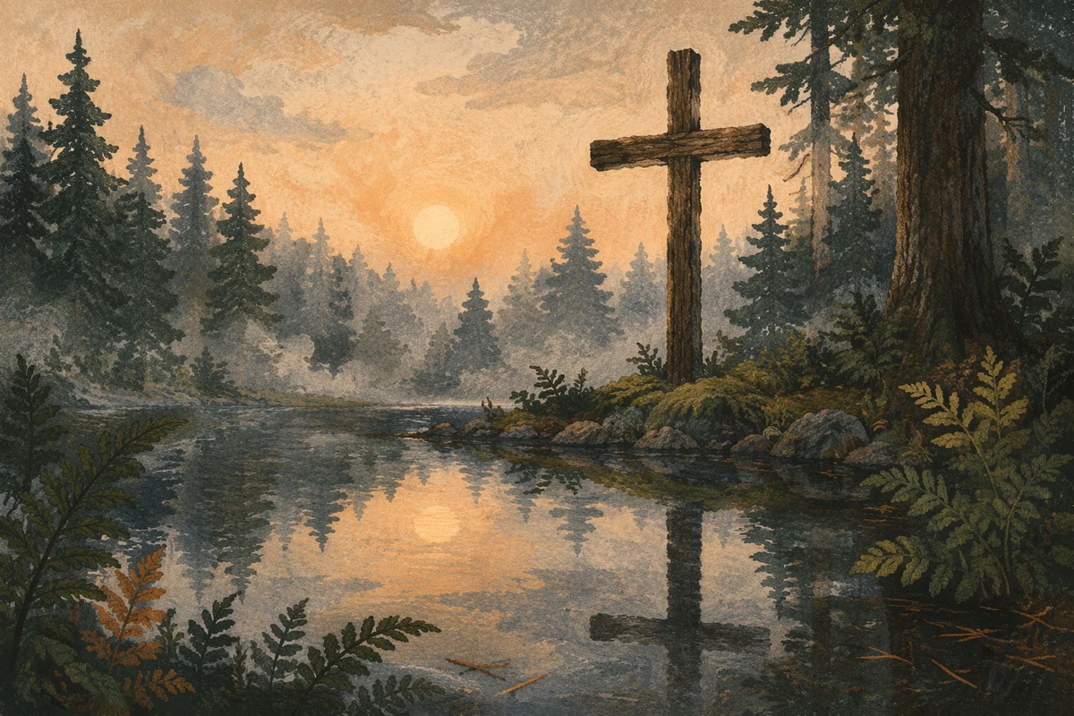 Wooden Cross Reflected in Evergreen Pond