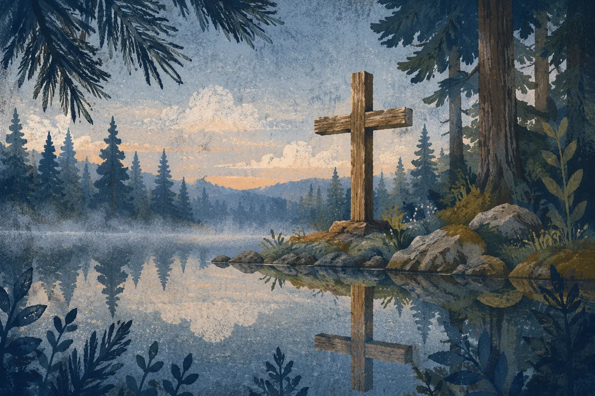Wooden Cross Reflected in Evergreen Pond