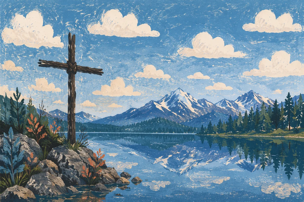 Wooden Cross Reflected on Evergreen Lake