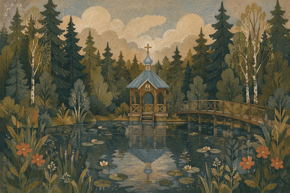 Cross Reflected in Evergreen Forest Pond