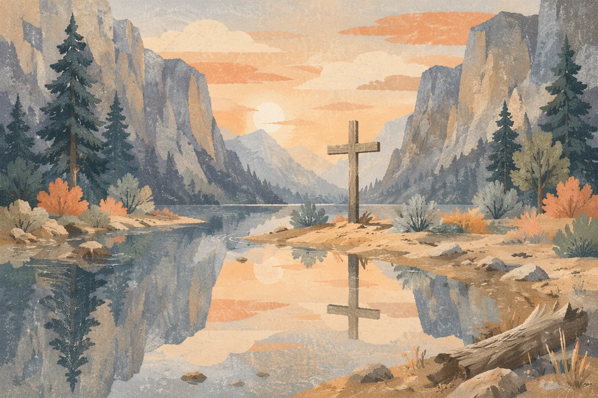 Wooden Cross Reflected in Mountain Waters
