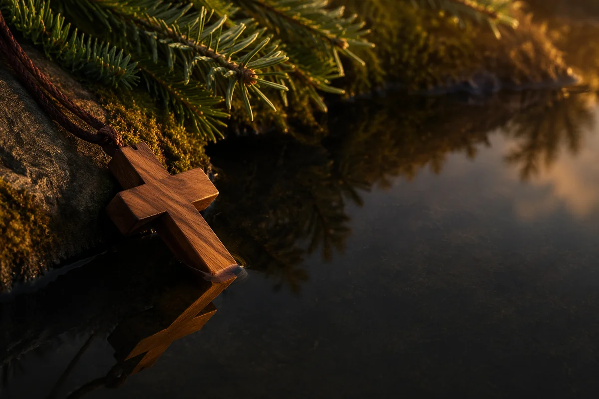 Wooden Cross Reflected in Still Water
