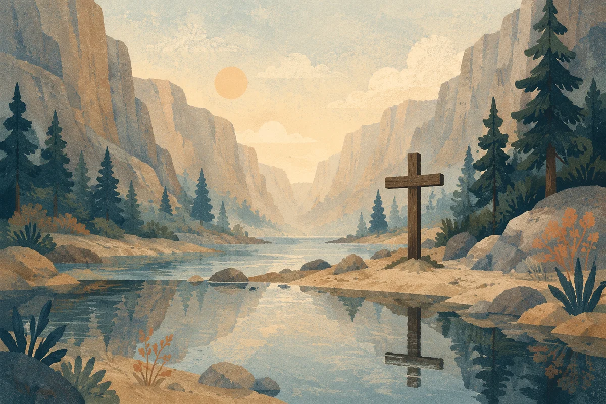 Wooden Cross Reflected in Canyon Water