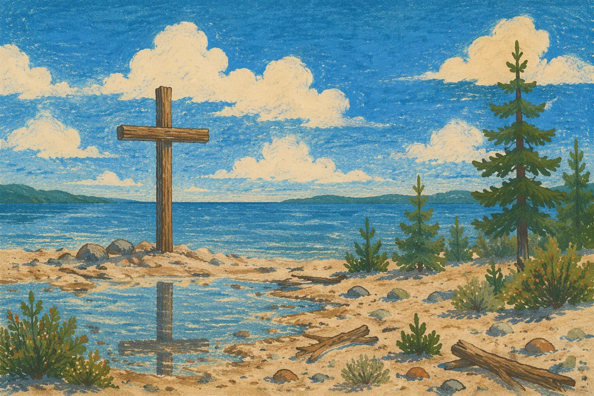 Wooden Cross Reflected in Peaceful Lakeshore