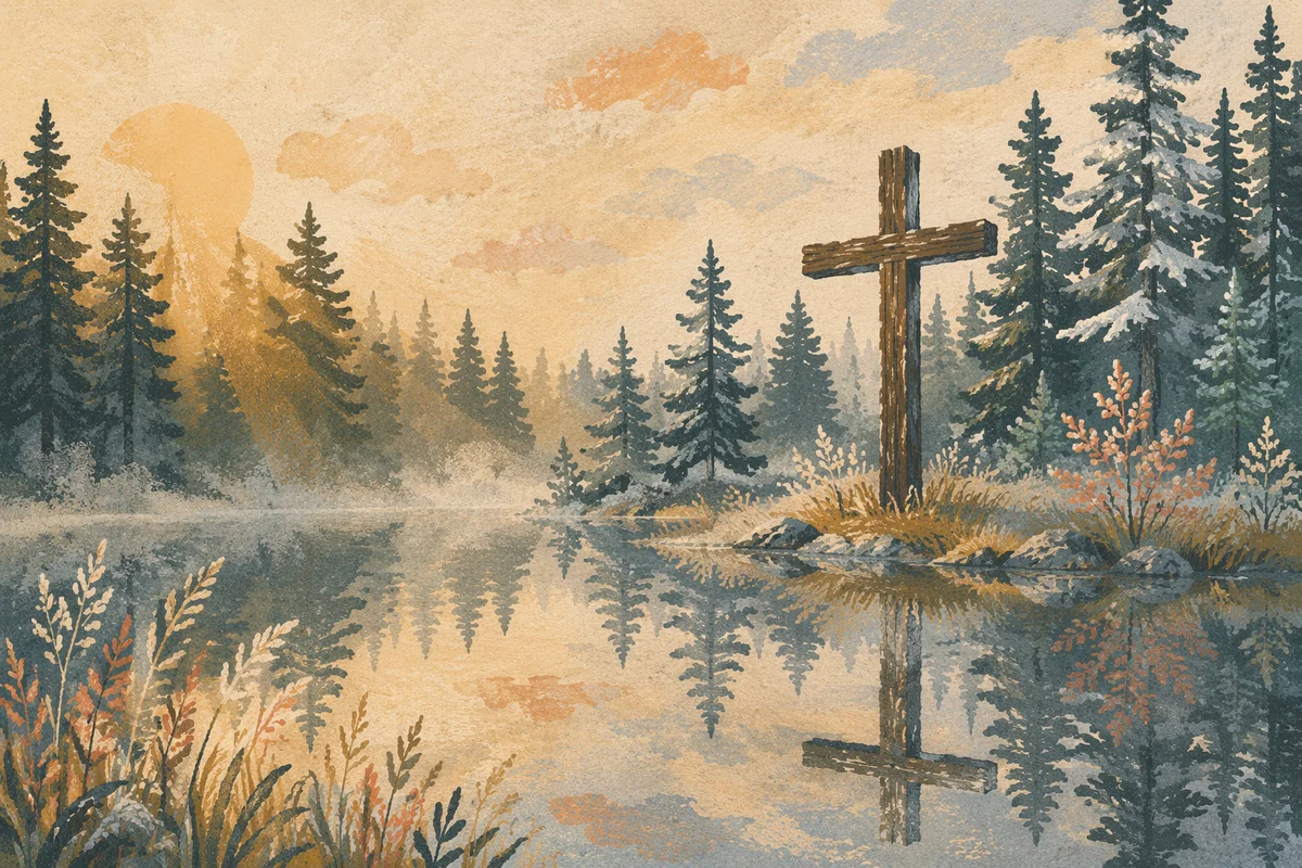 Evergreen Cross Reflected in Still Water