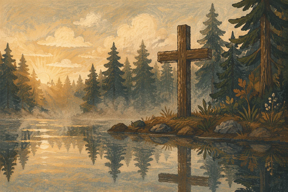 Weathered Cross Reflected in Forest Pond