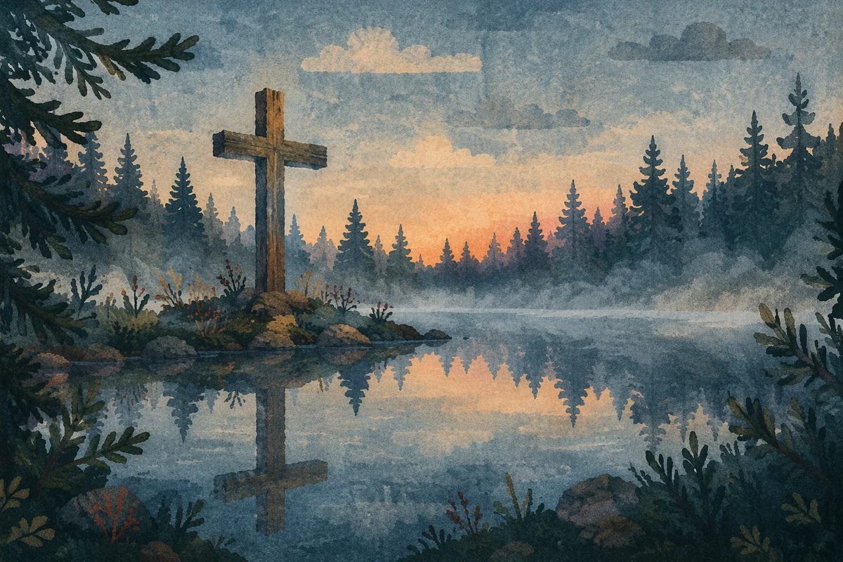 Wooden Cross Reflected in Evergreen Pond