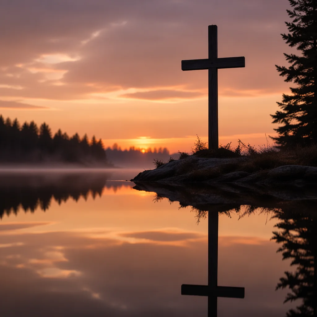 Reflected Cross by Evergreen Lake at Sunset