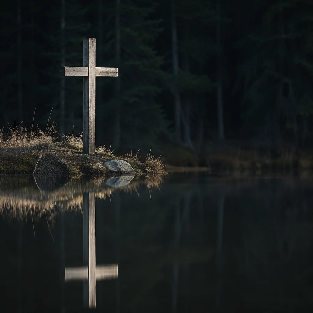 Wooden Cross Reflected in Still Evergreen Water