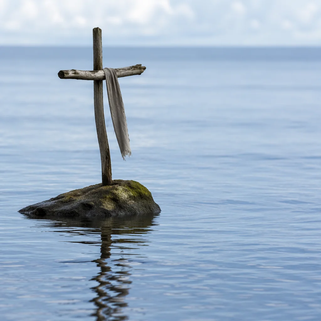 Weathered Cross Reflected in Still Water