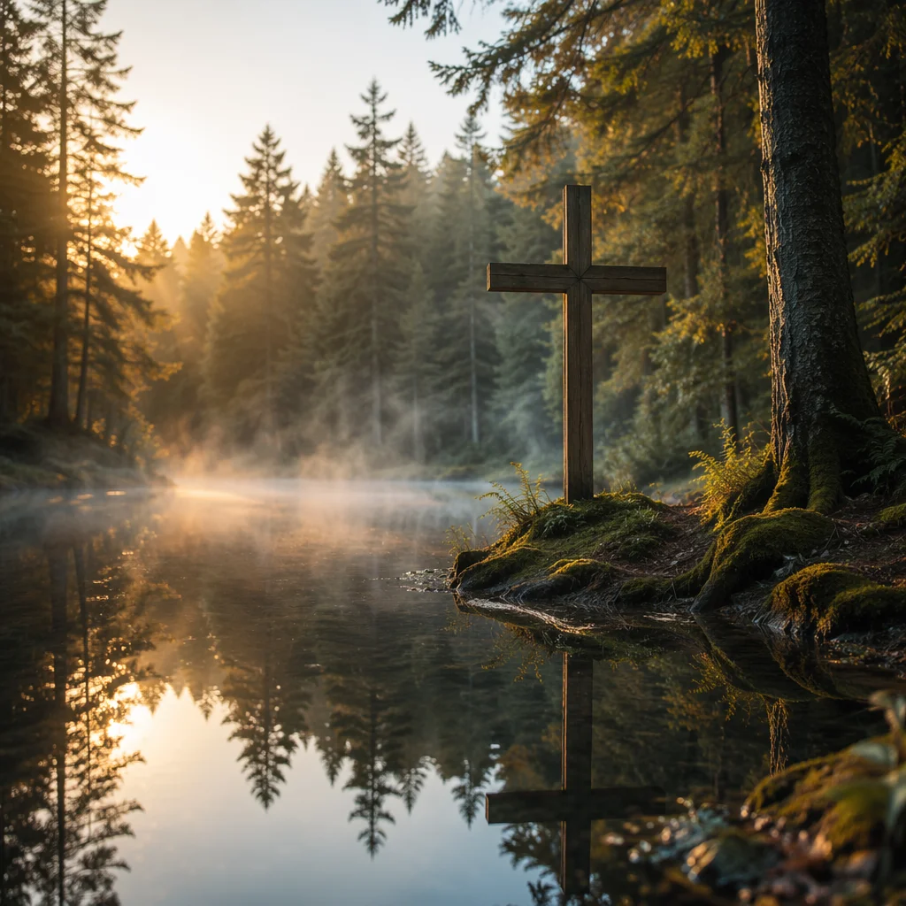 Wooden Cross Reflected in Evergreen Pond