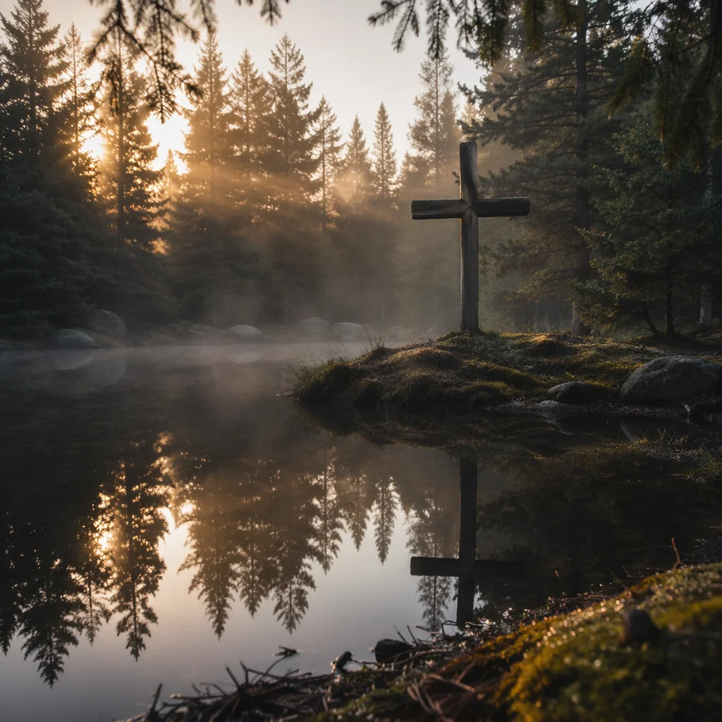 Wooden Cross Reflected in Evergreen Pond