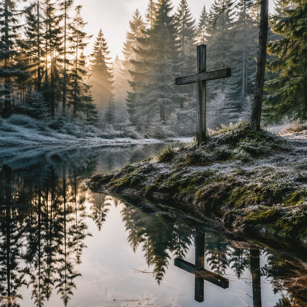 Wooden Cross Reflected in Still Forest Pond