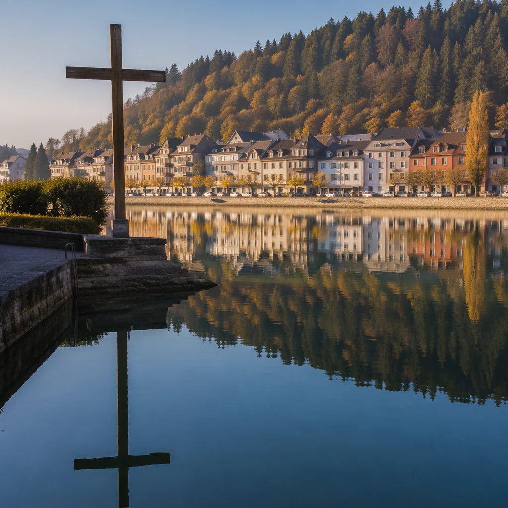 Wooden Cross Reflected in Serene Lakeside Water