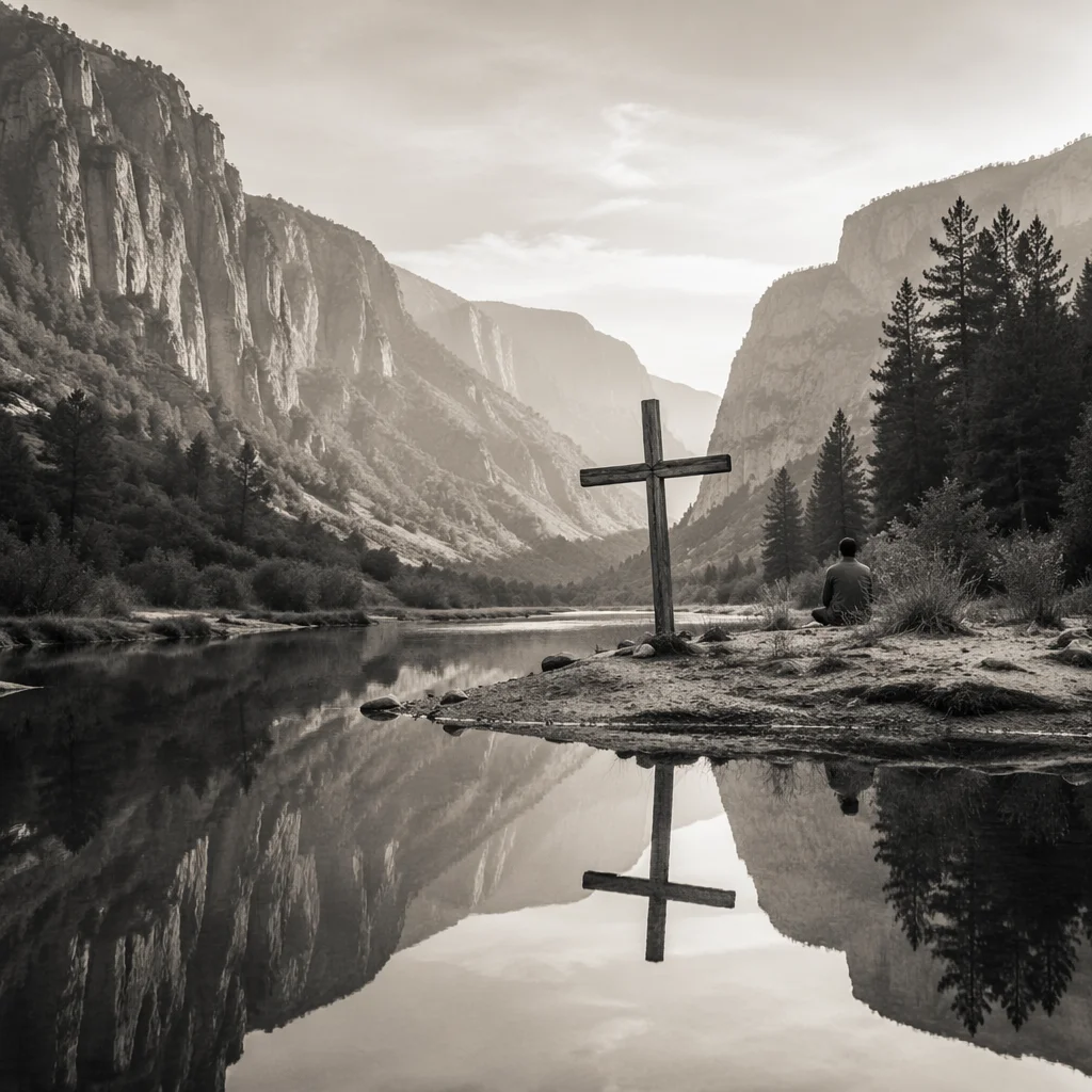Wooden Cross Reflected in Canyon River