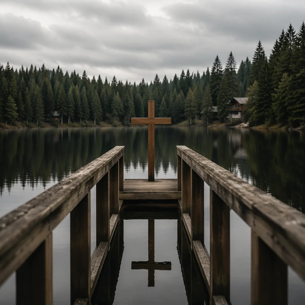 Wooden Cross Reflected on Quiet Evergreen Lake