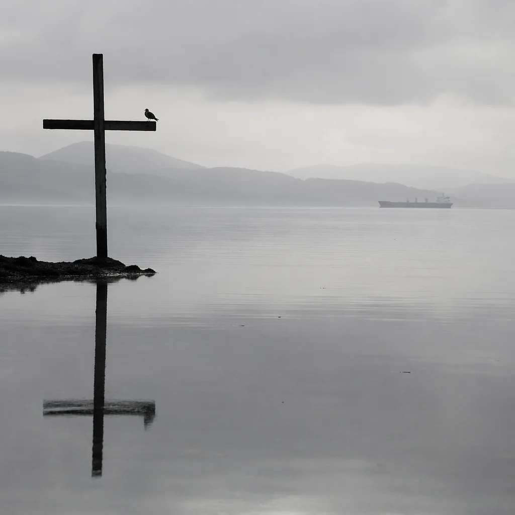 Weathered Cross Reflected in Still Coastal Water