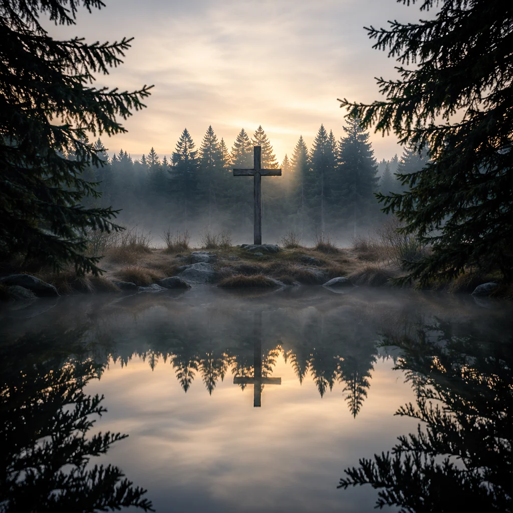 Wooden Cross Reflected in Evergreen Pond