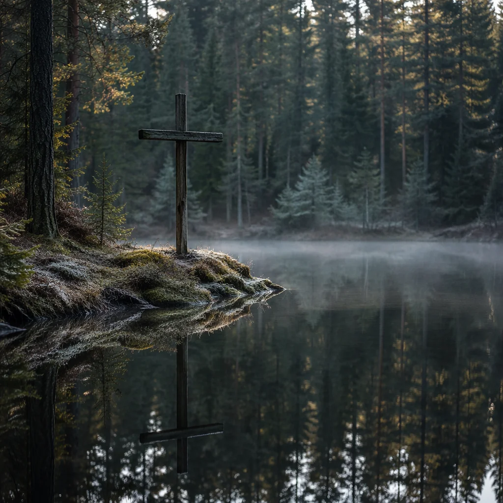 Wooden Cross Reflected in Evergreen Pond