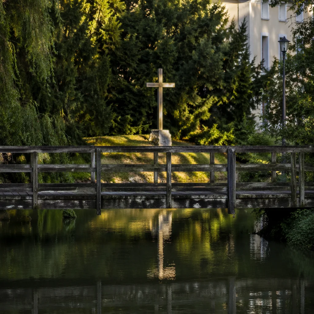 Wooden Cross Reflected in Evergreen River
