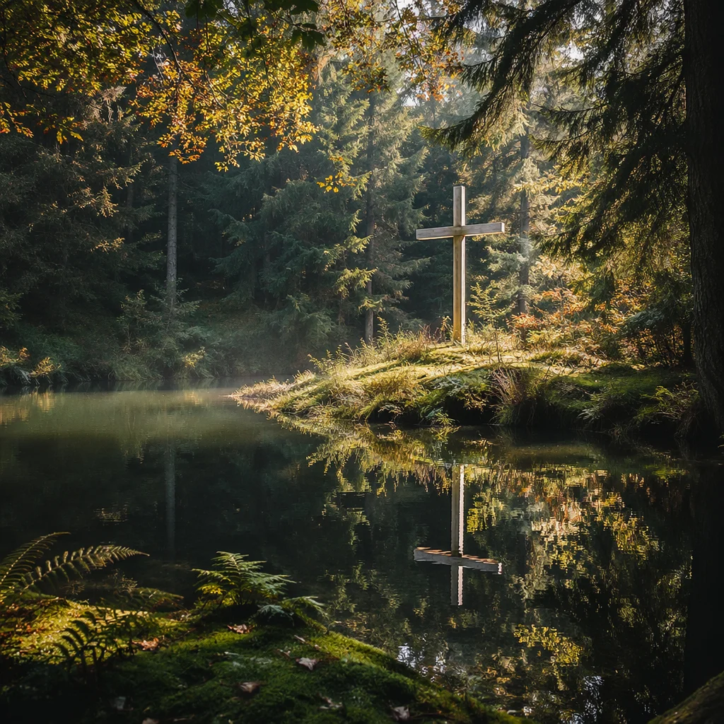 Wooden Cross Reflected in Evergreen Pond