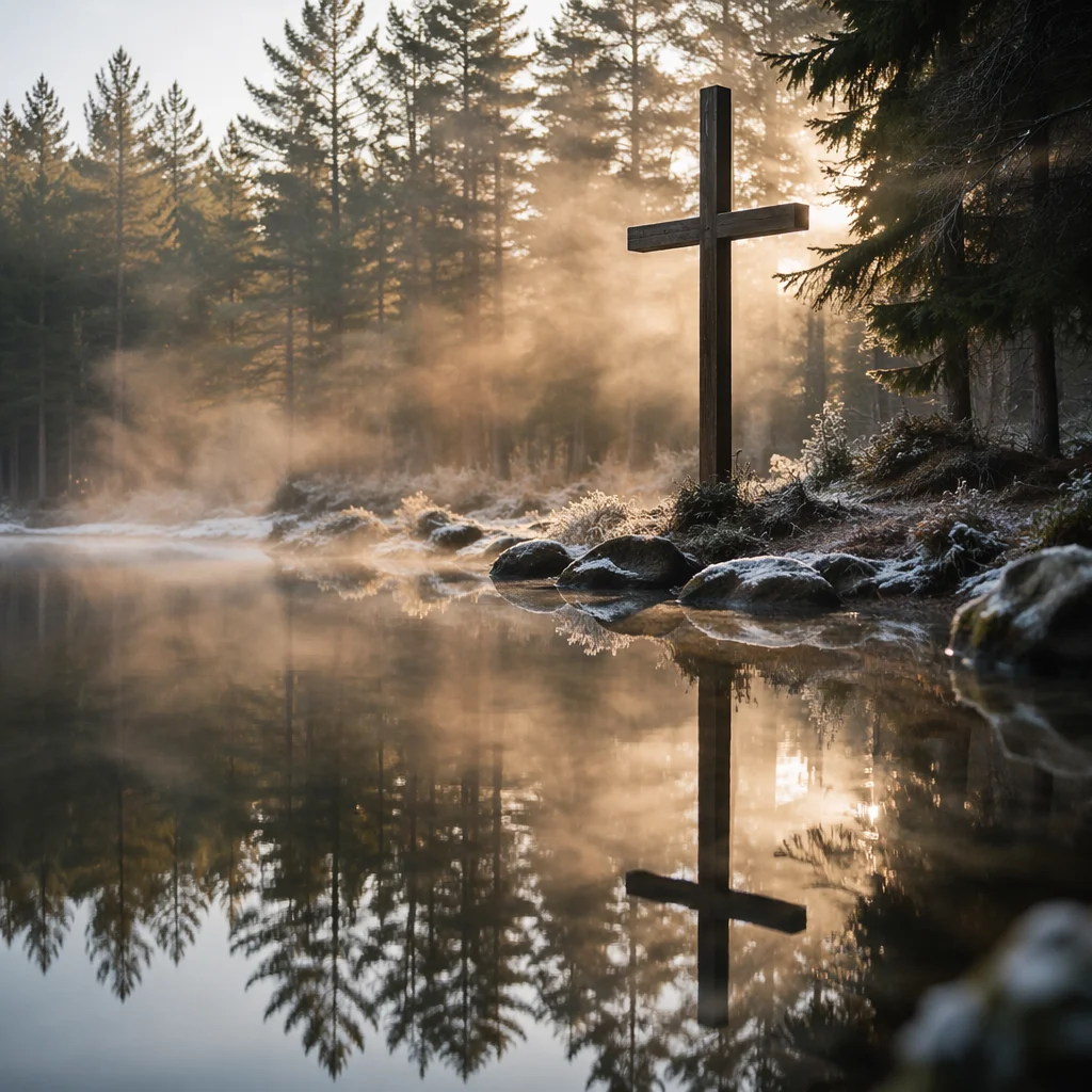 Wooden Cross Reflected in Evergreen Pond