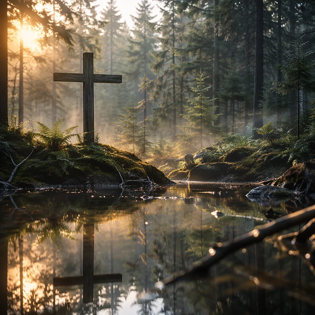 Wooden Cross Reflected in Evergreen Pond