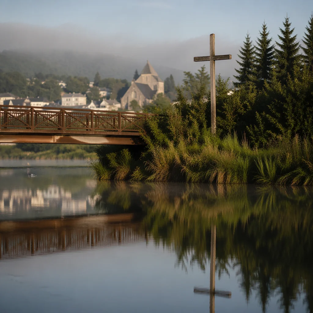 Wooden Cross Reflected in Still Riverside Water