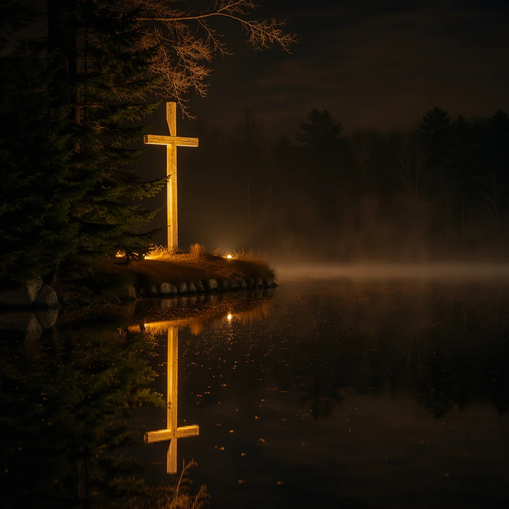 Illuminated Cross Reflected in Still Water
