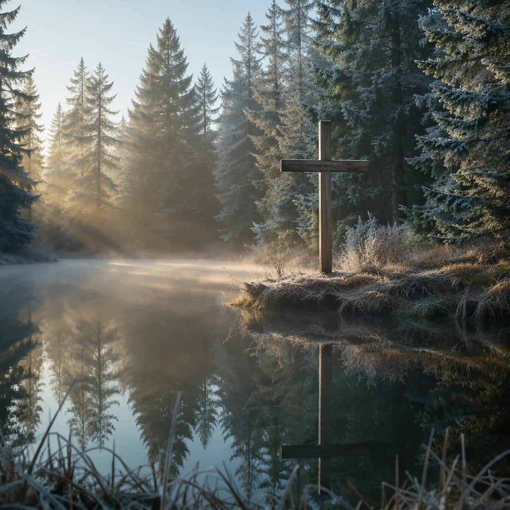 Wooden Cross Reflected in Winter Pond