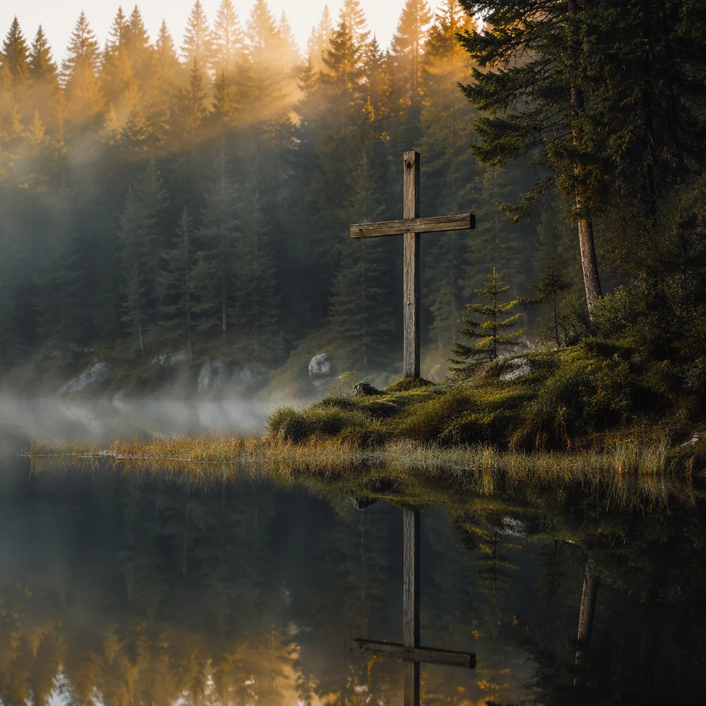 Wooden Cross Reflected in Alpine Pond