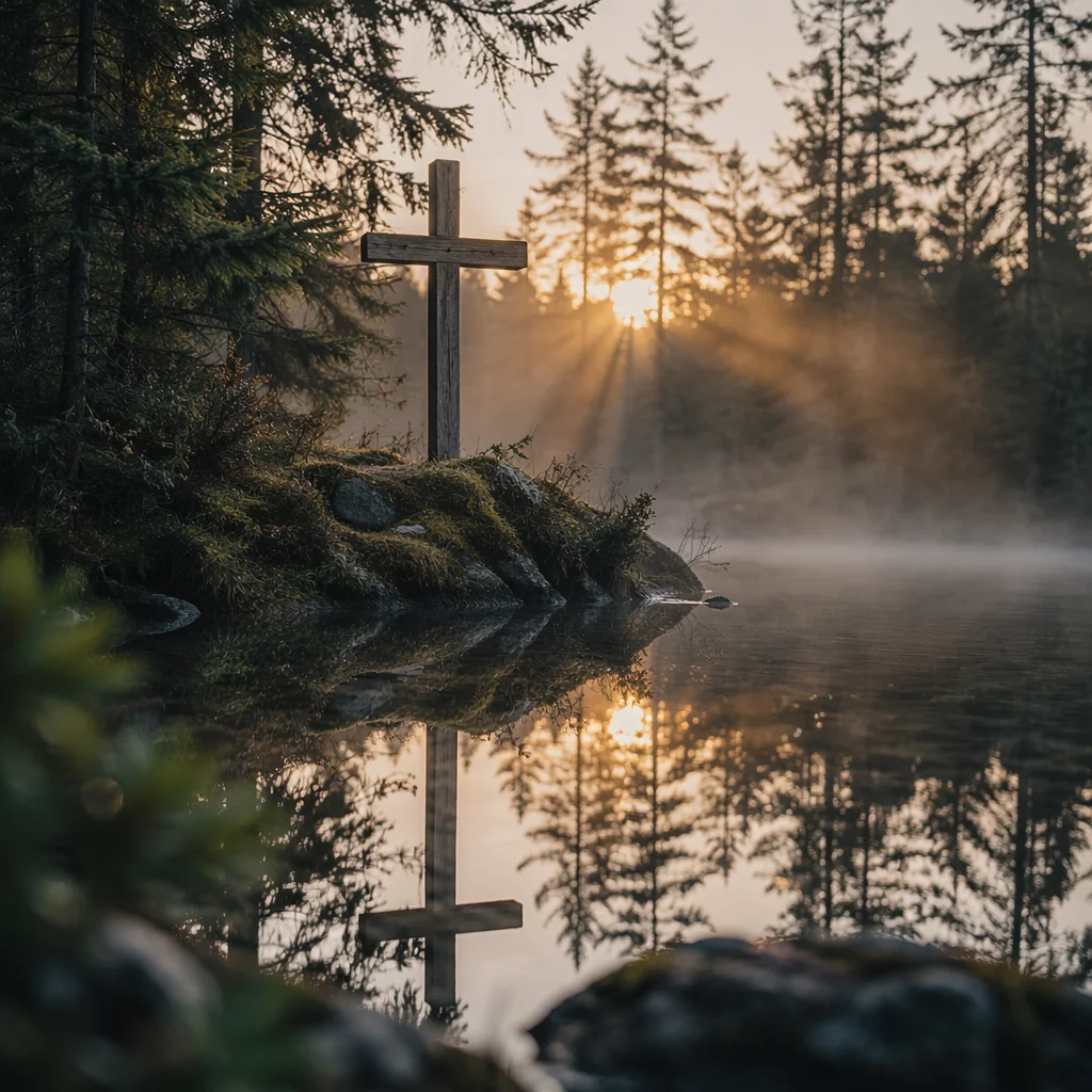Wooden Cross Reflected in Evergreen Pond