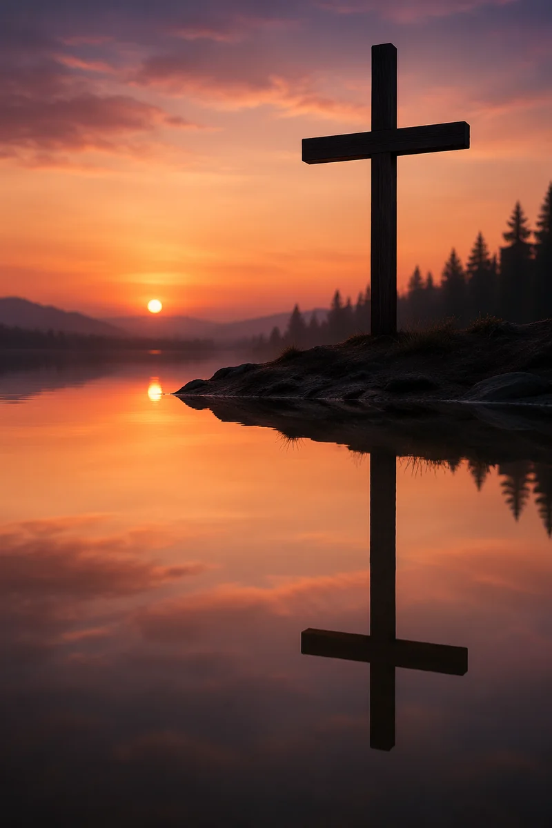 Silhouetted Cross Reflected in Forest Lake