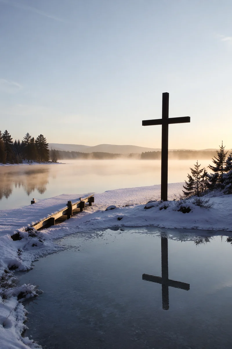Wooden Cross Reflected on Frozen Lake
