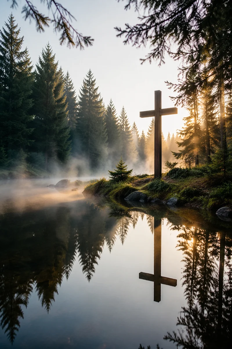 Wooden Cross Reflected in Evergreen Pond