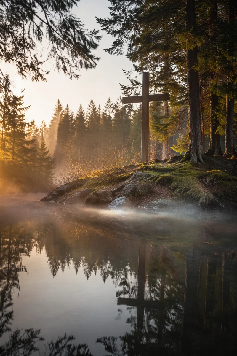 Wooden Cross Reflected in Quiet Evergreen Pond