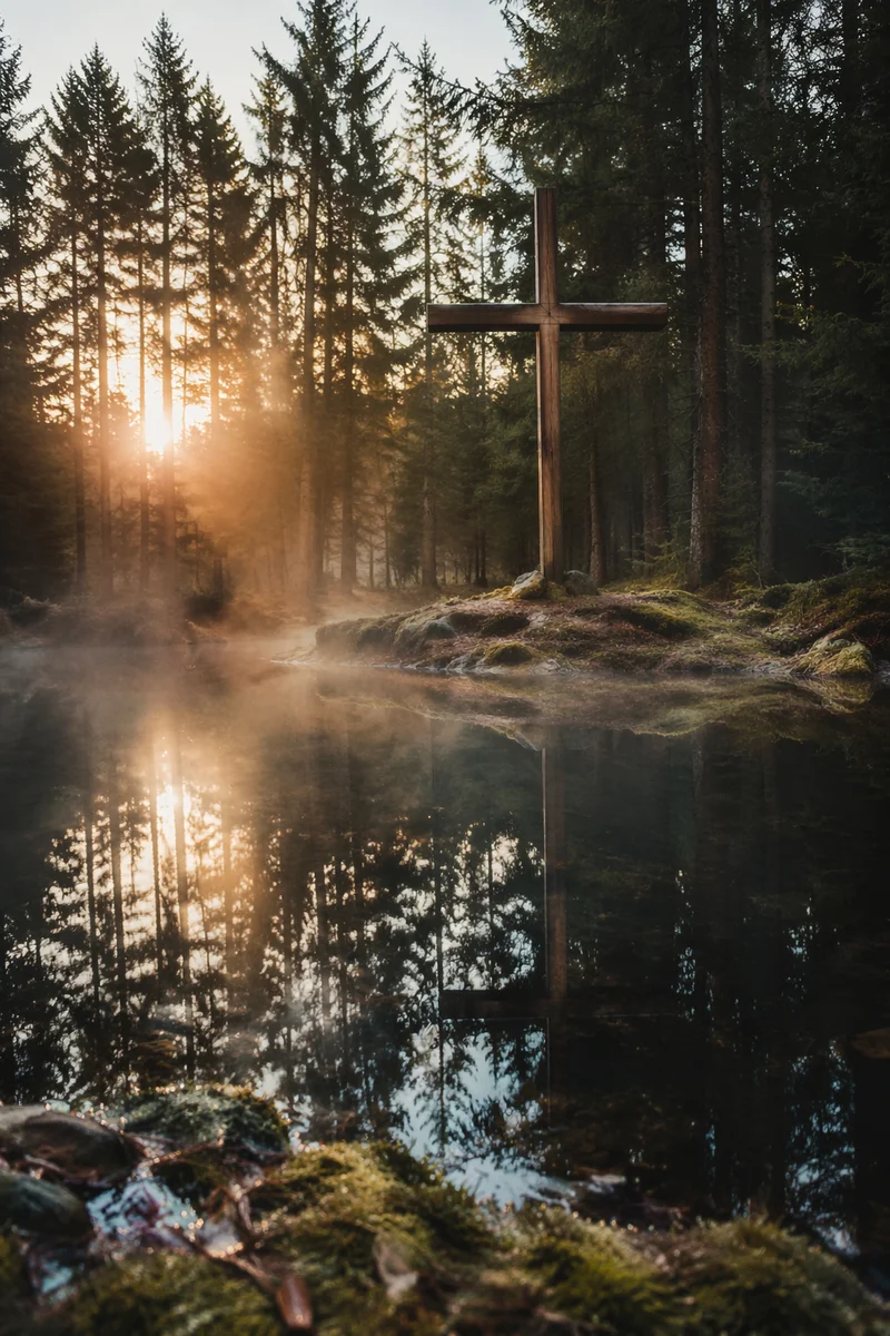 Wooden Cross Reflected in Forest Pond
