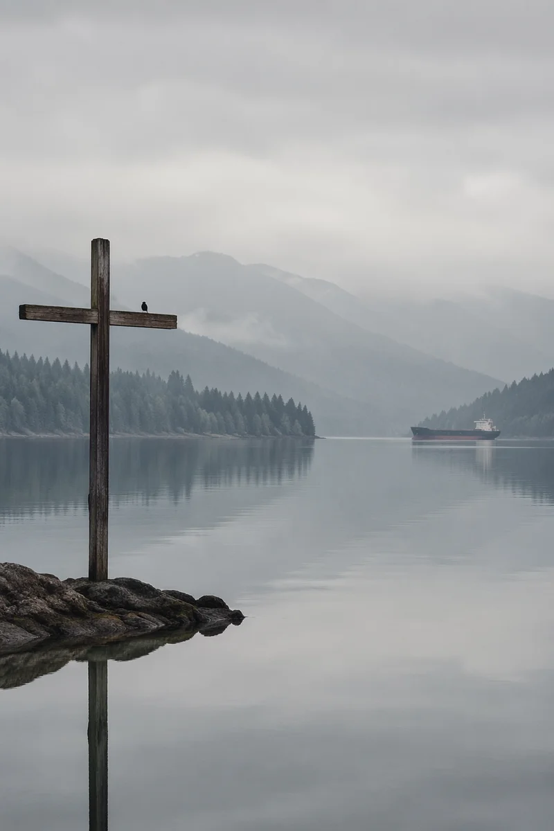 Wooden Cross Reflected in Misty Lake