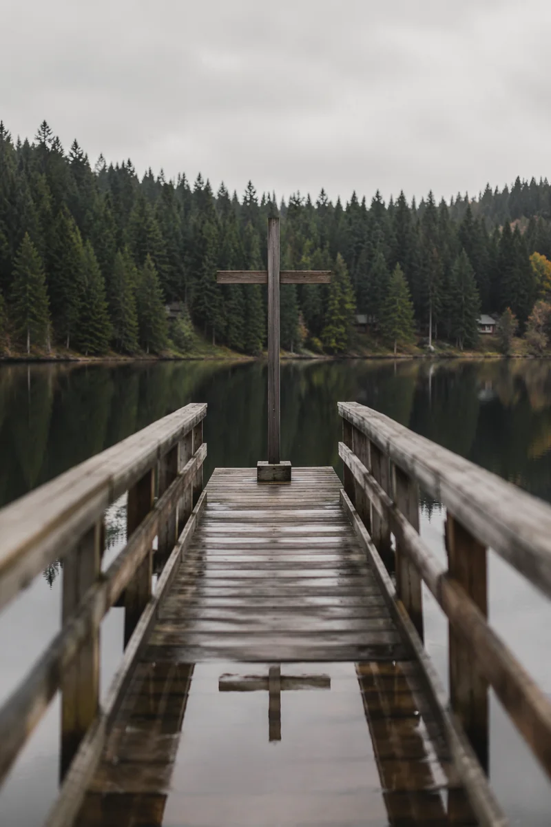 Wooden Cross Reflected on Quiet Evergreen Lake
