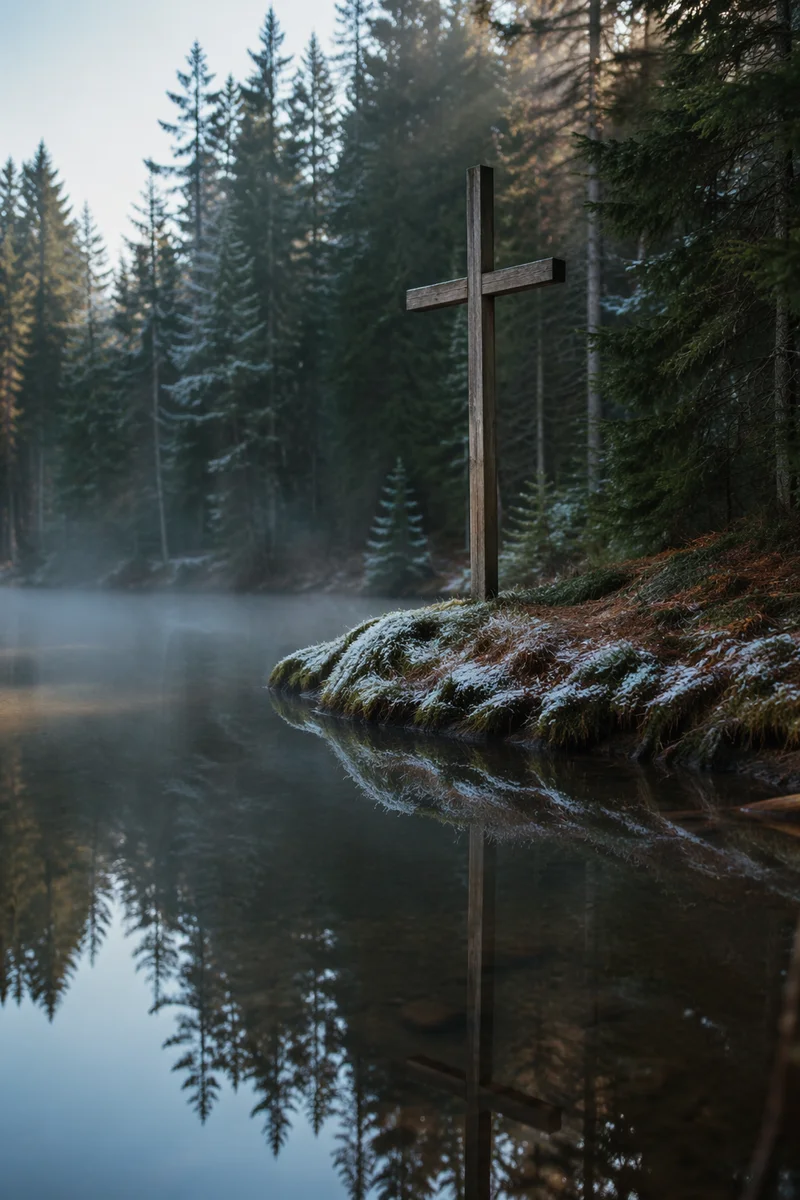Wooden Cross Reflected in Evergreen Pond