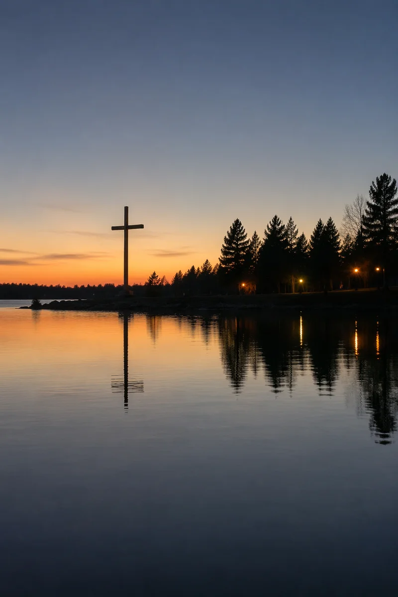Wooden Cross Reflected on Evergreen Lake