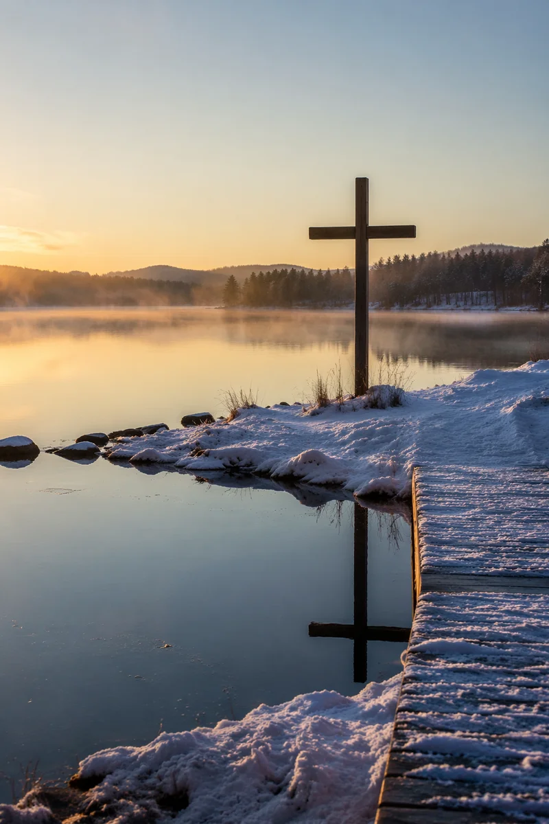 Wooden Cross Reflected on Winter Lake