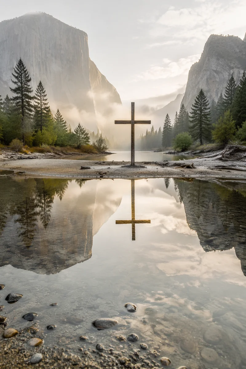 Wooden Cross Reflected in Mountain Waters