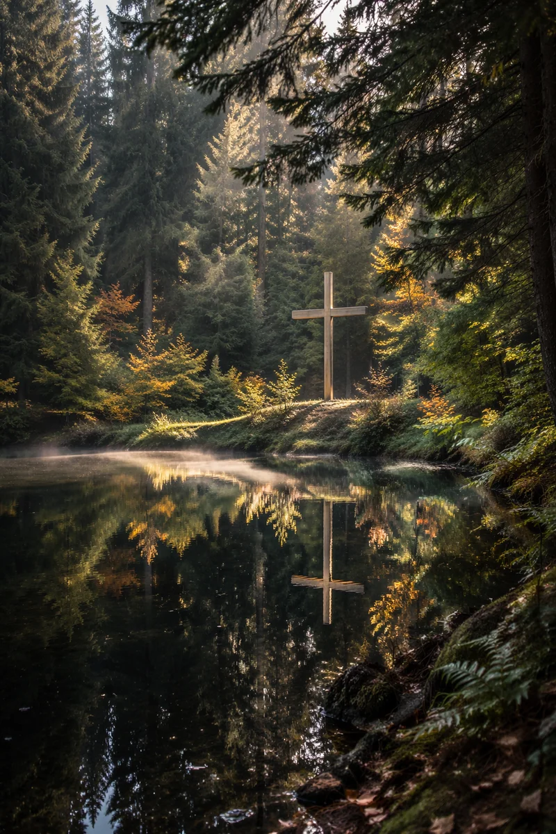 Wooden Cross Reflected in Evergreen Pond