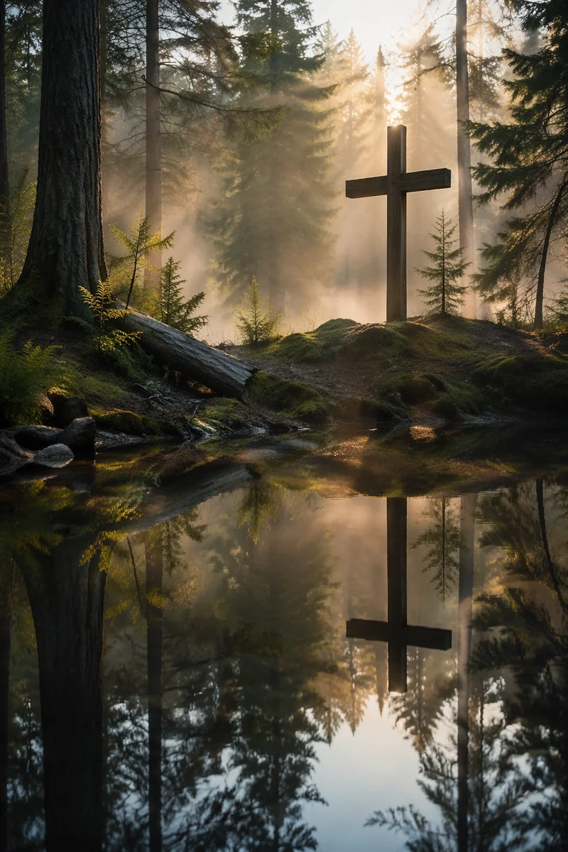 Wooden Cross Reflected in Evergreen Pond
