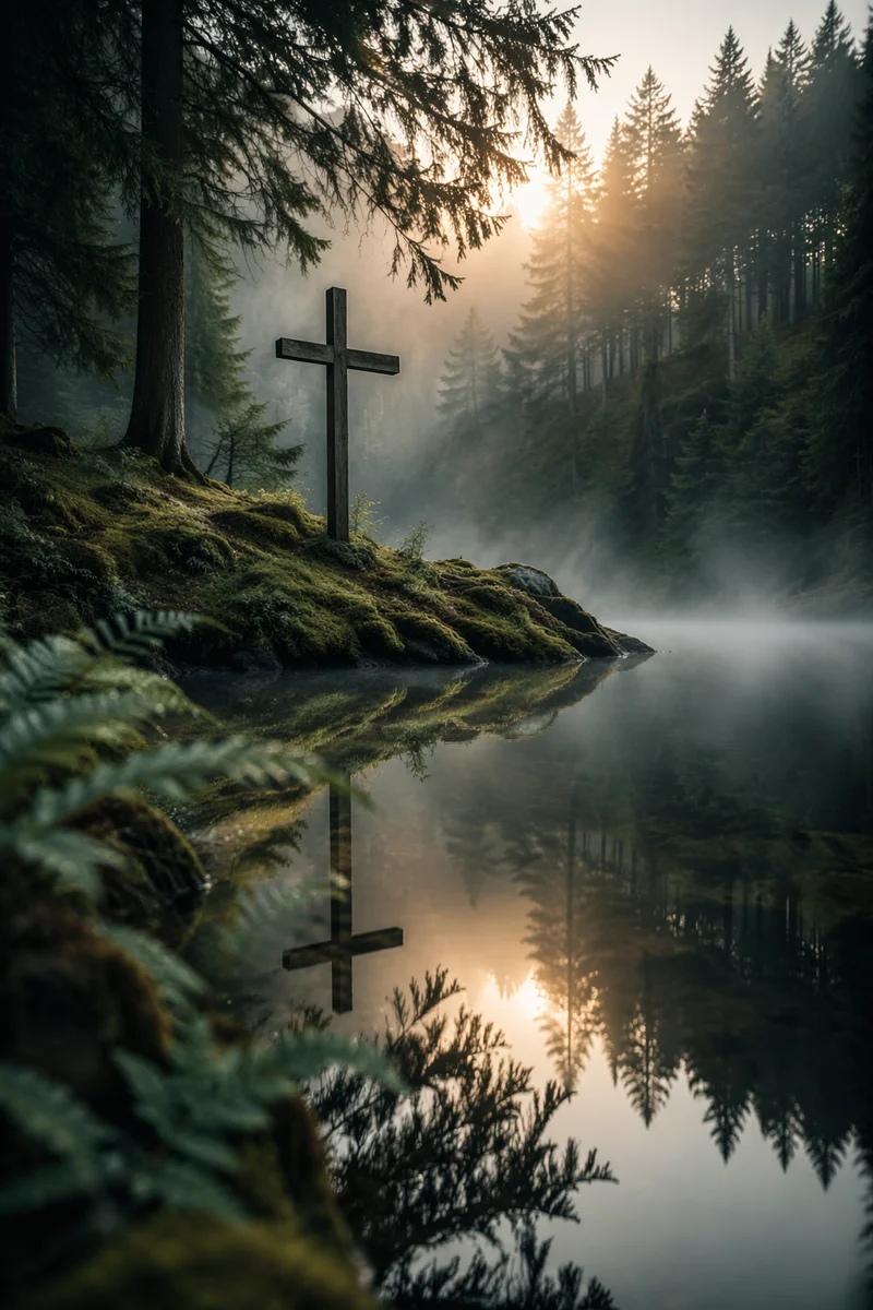Weathered Cross Reflected in Evergreen Pond