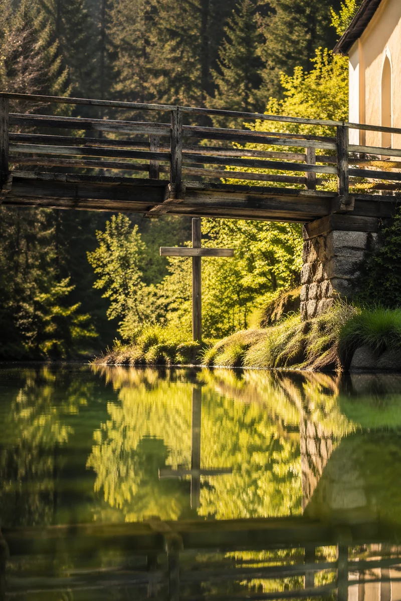 Wooden Cross Reflected in Still Water