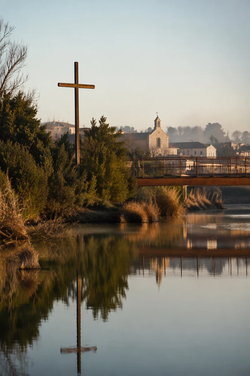 Wooden Cross Reflected in Still Riverside Water