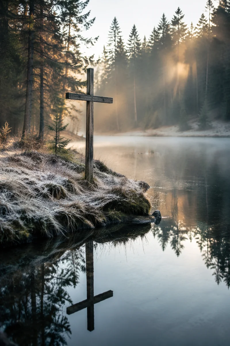 Weathered Cross Reflected in Evergreen Pond